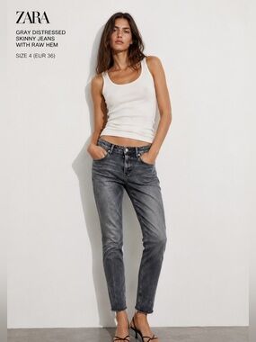 ZARA Gray Distressed Skinny Jeans with Raw Hem | Size 4 (EUR 36)